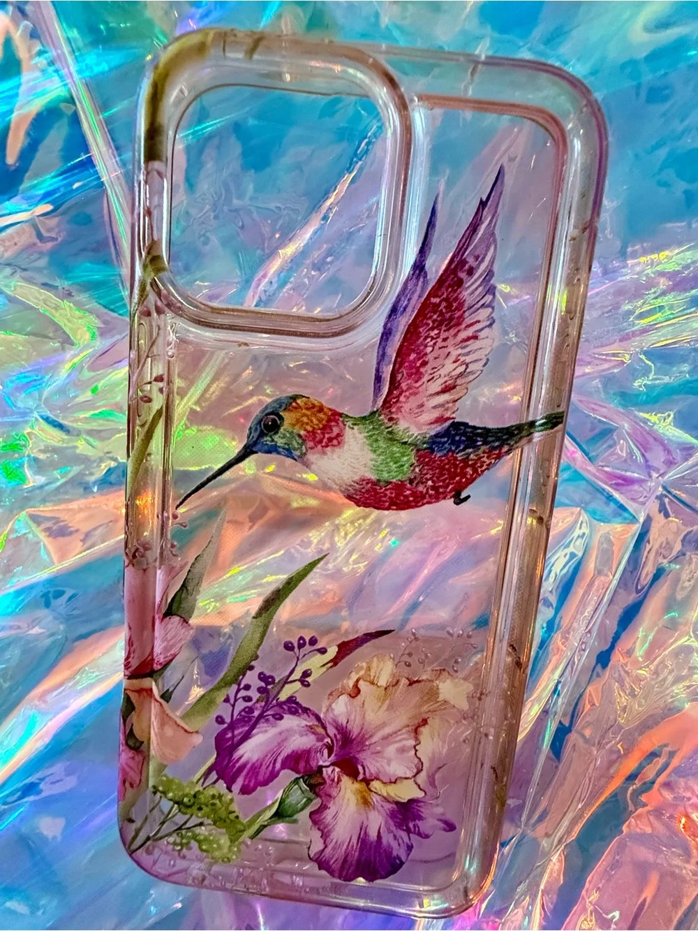 Colorful Hummingbird & Iris Floral Nature Soft Plastic iPhone 16 Pro Max Case